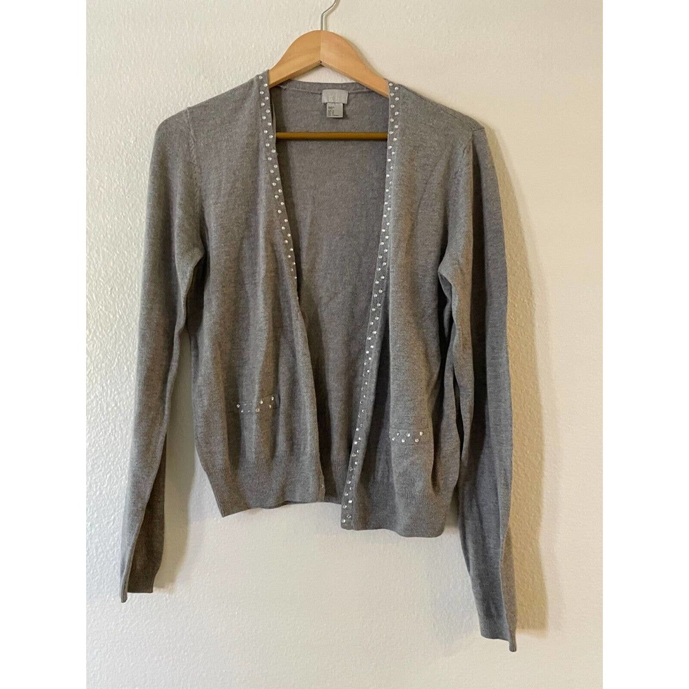 H&M Size M Womens Gray Rhinestone Cardigan Wool Blend Open Front Long Sleeve